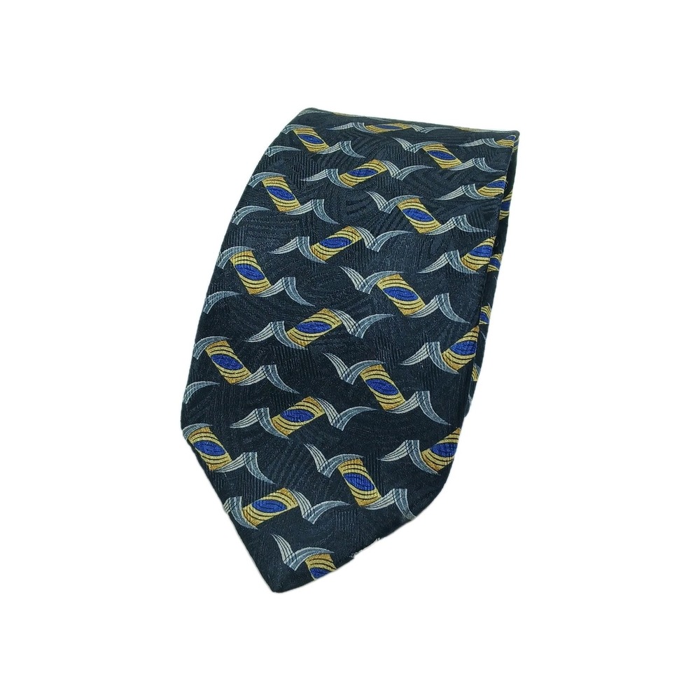 Tom James Silk Neck Men  Tie Black Gold Blue Tone 62" Tall  100% Silk‎